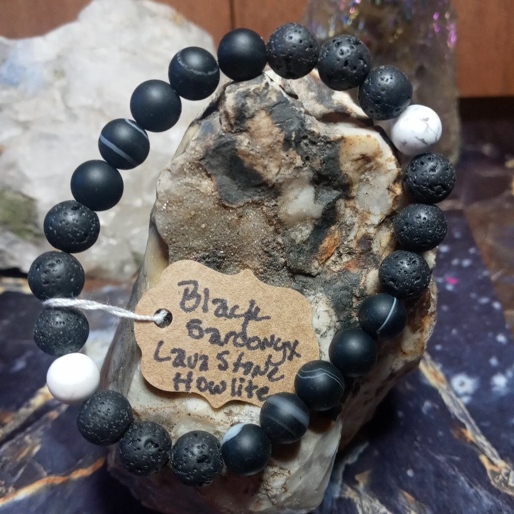 Black Sardonyx Howlite and Lava Stone Oil Diffuser Gemstone Healing Bracelet